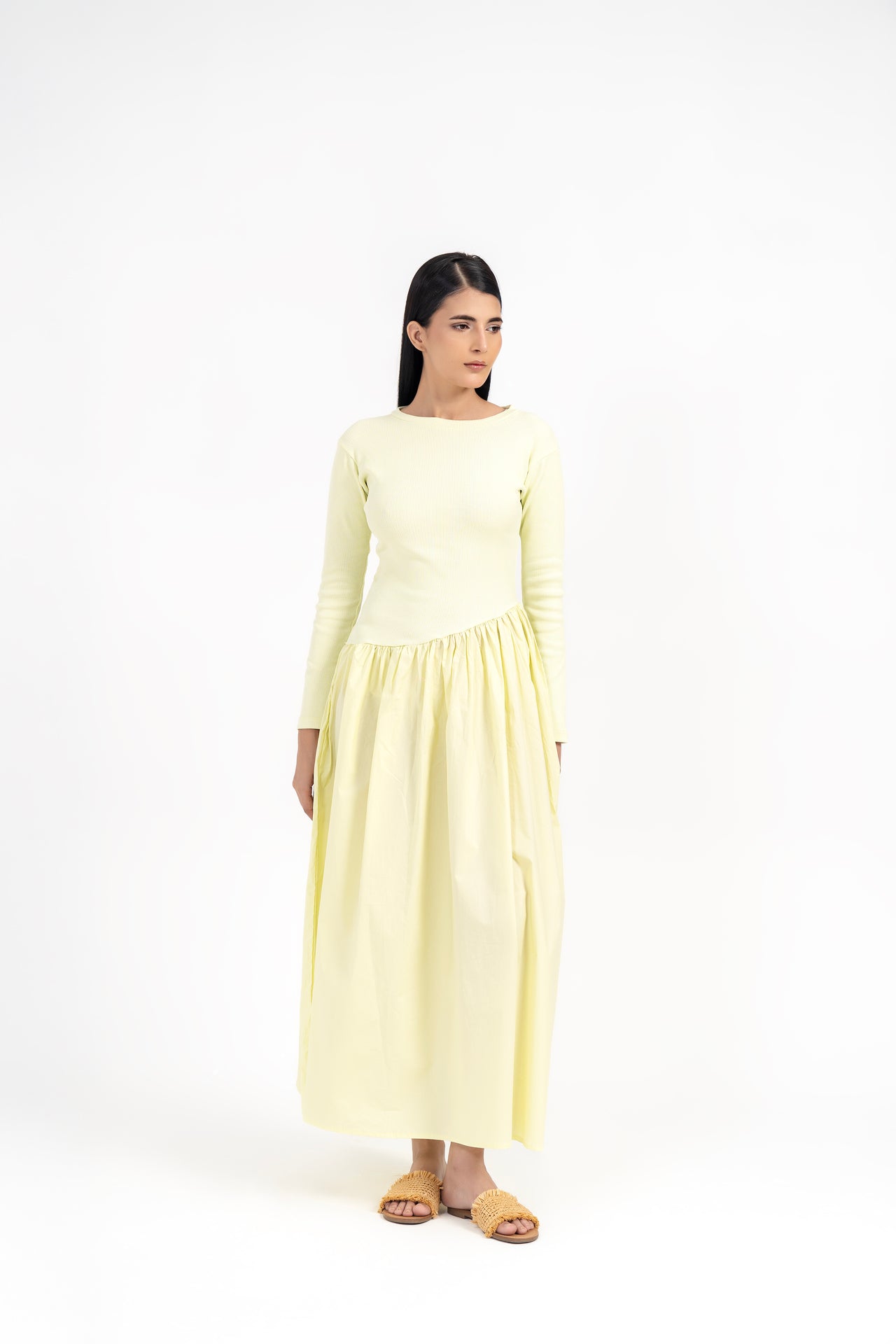 Full Sleeve Knit & Cotton Asymmetrical Dress - Butter Yellow