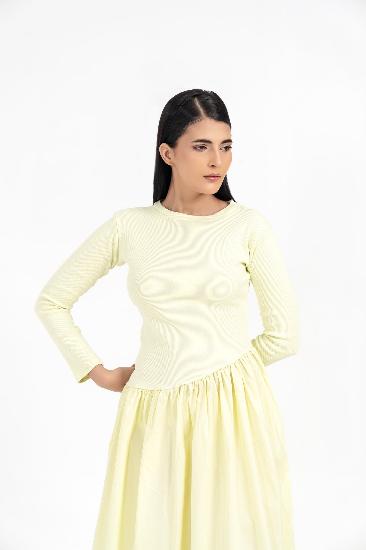 Full Sleeve Knit & Cotton Asymmetrical Dress - Butter Yellow