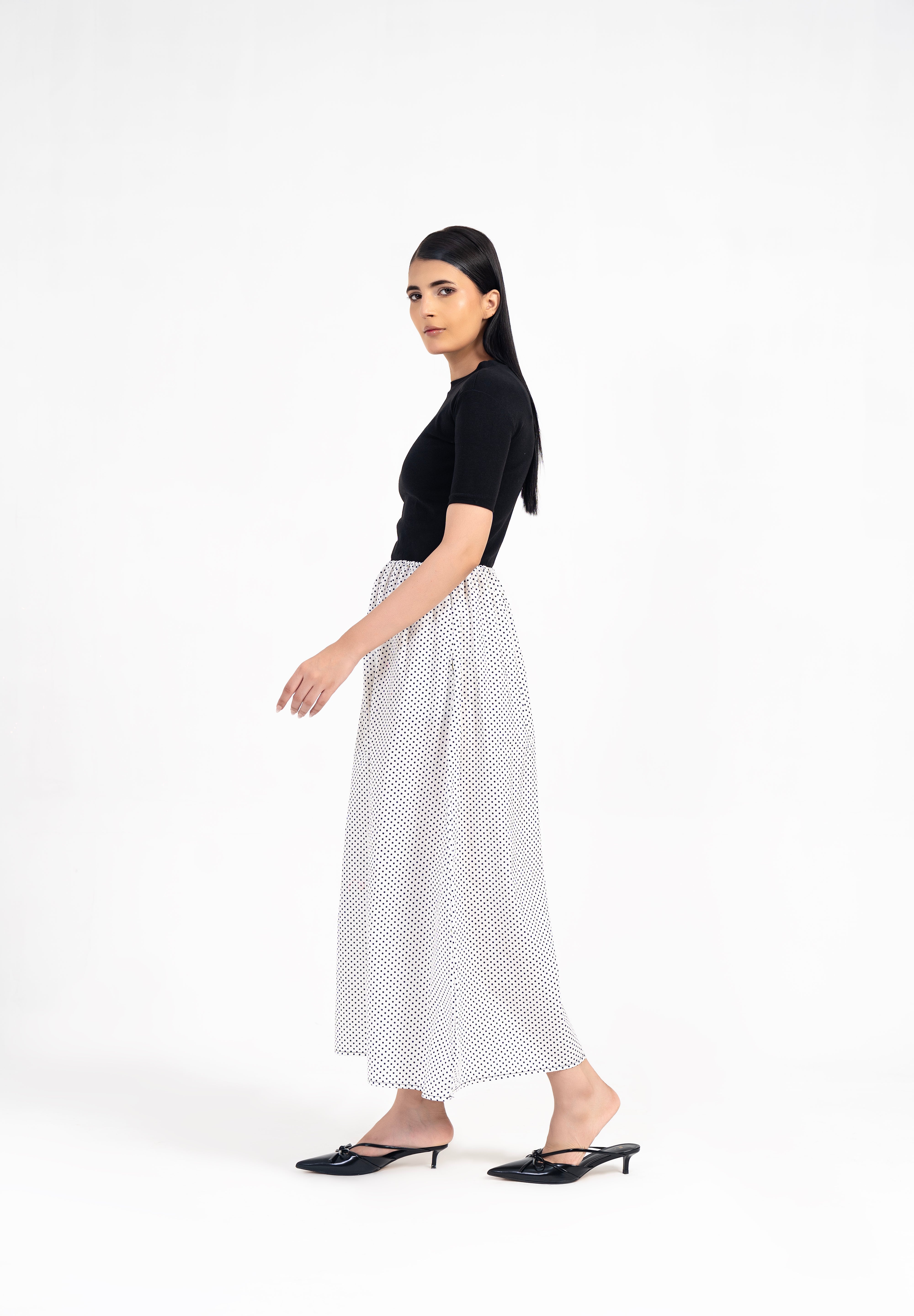 Short Sleeve Knit & Cotton Maxi Dress - White with Black Dots
