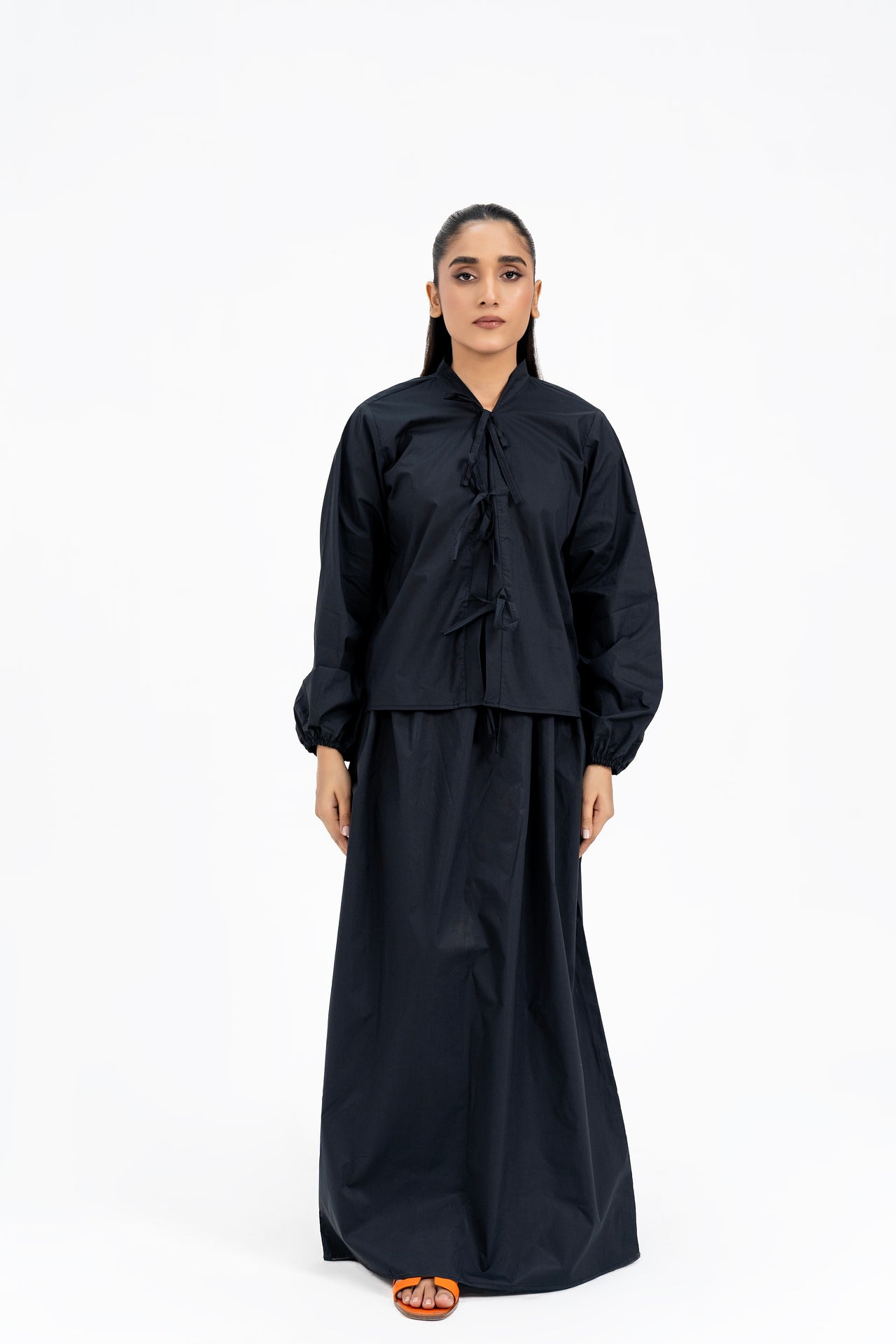 Front Knot Long Sleeve Blouse - Black