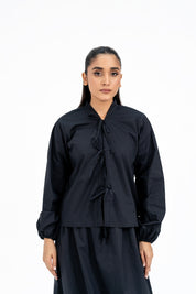Front Knot Long Sleeve Blouse - Black
