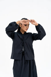 Front Knot Long Sleeve Blouse - Black