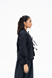 Front Knot Long Sleeve Blouse - Black