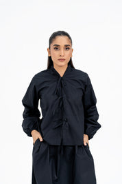 Front Knot Long Sleeve Blouse - Black