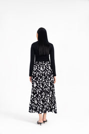 Full Sleeve Knit & Cotton Maxi Dress - White Black Floral