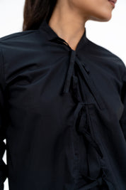 Front Knot Long Sleeve Blouse - Black