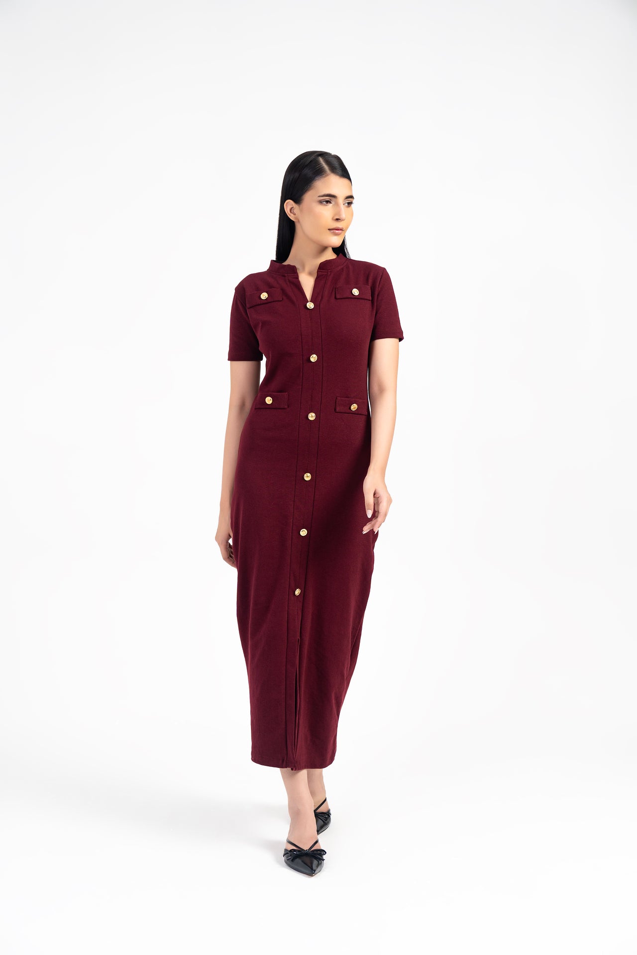 V Neck Knit Dress with Golden Button - Burgundy