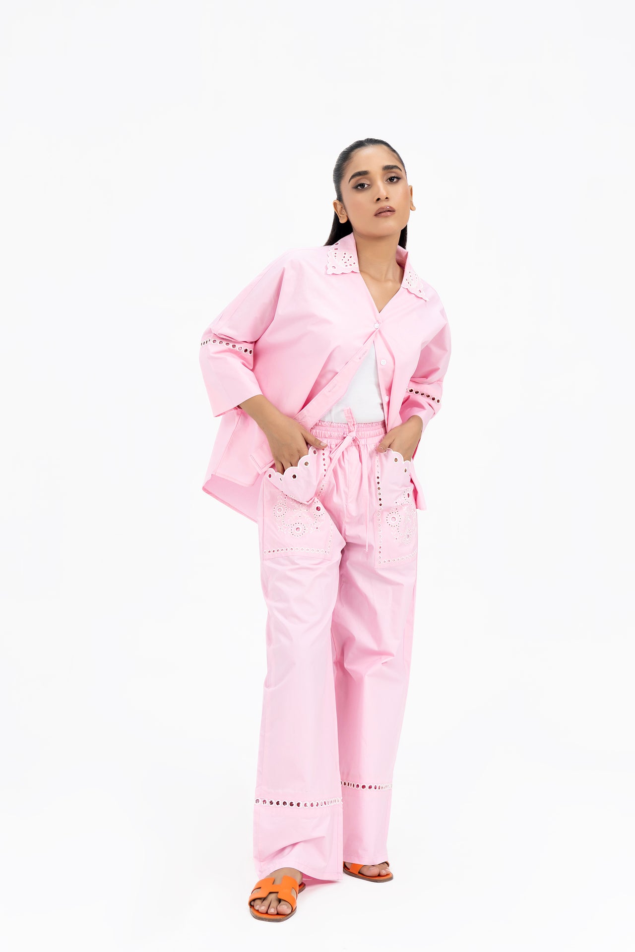 V Neck Collared Embroidery Shirt  - Light Pink