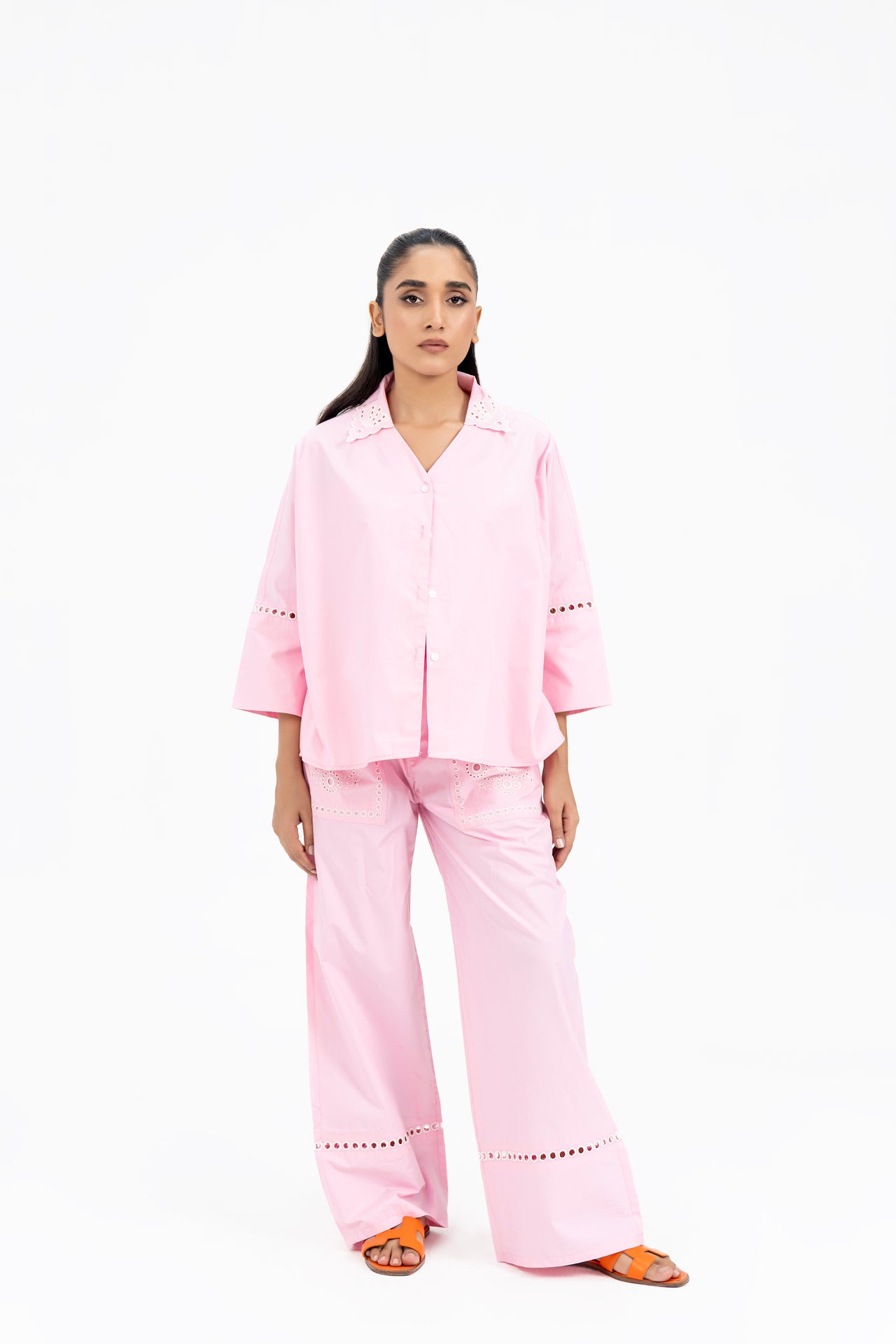 V Neck Collared Embroidery Shirt  - Light Pink