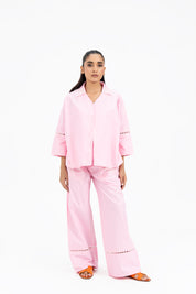 V Neck Collared Embroidery Shirt  - Light Pink
