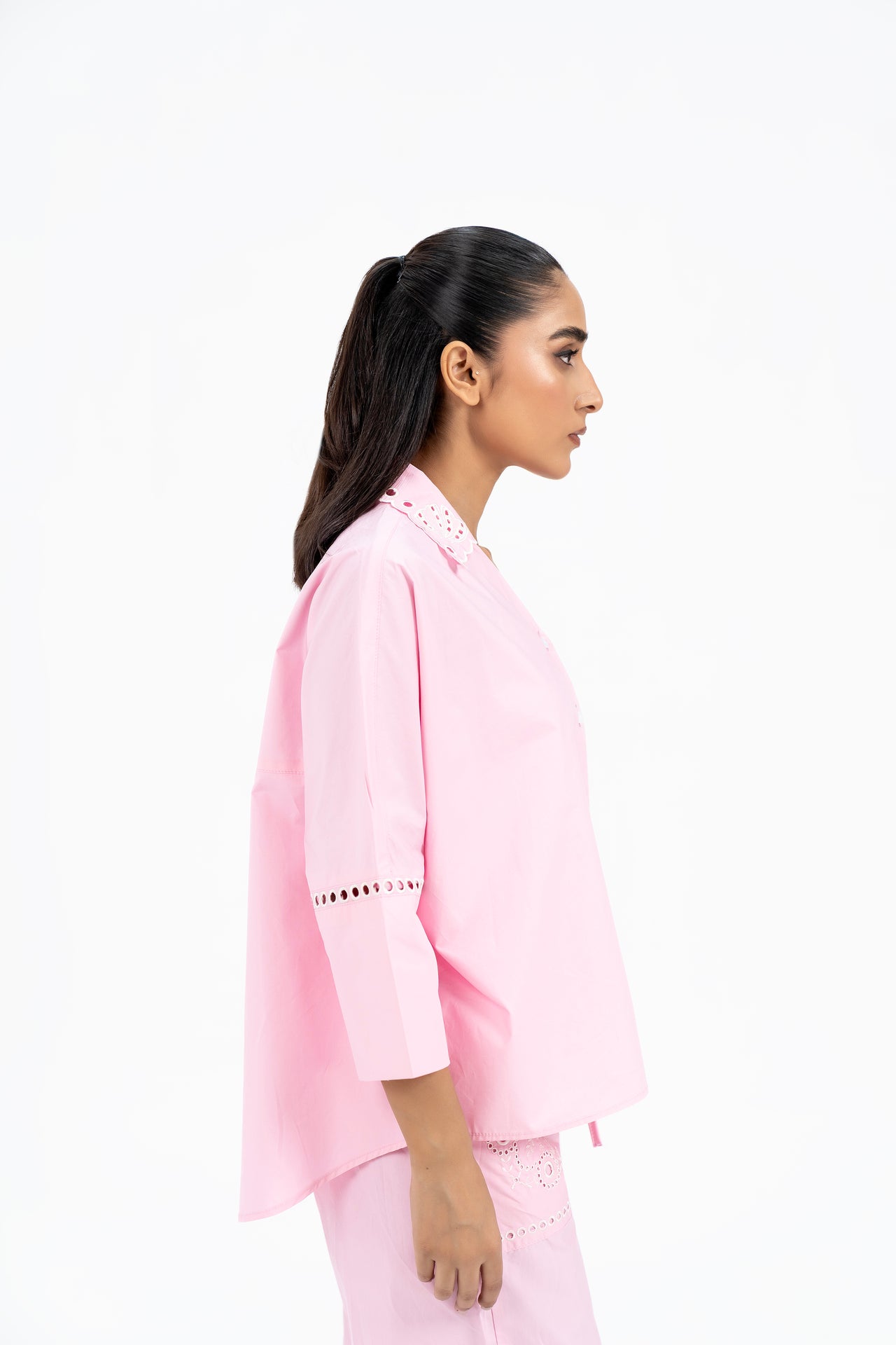 V Neck Collared Embroidery Shirt  - Light Pink