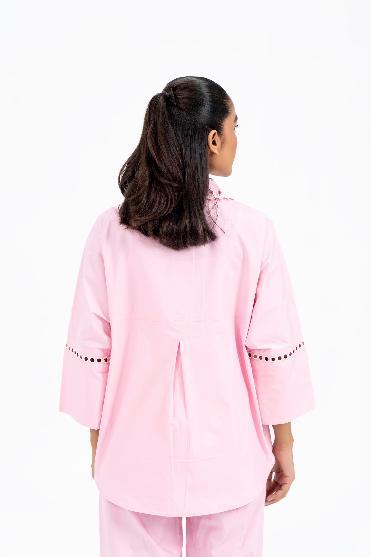 V Neck Collared Embroidery Shirt  - Light Pink