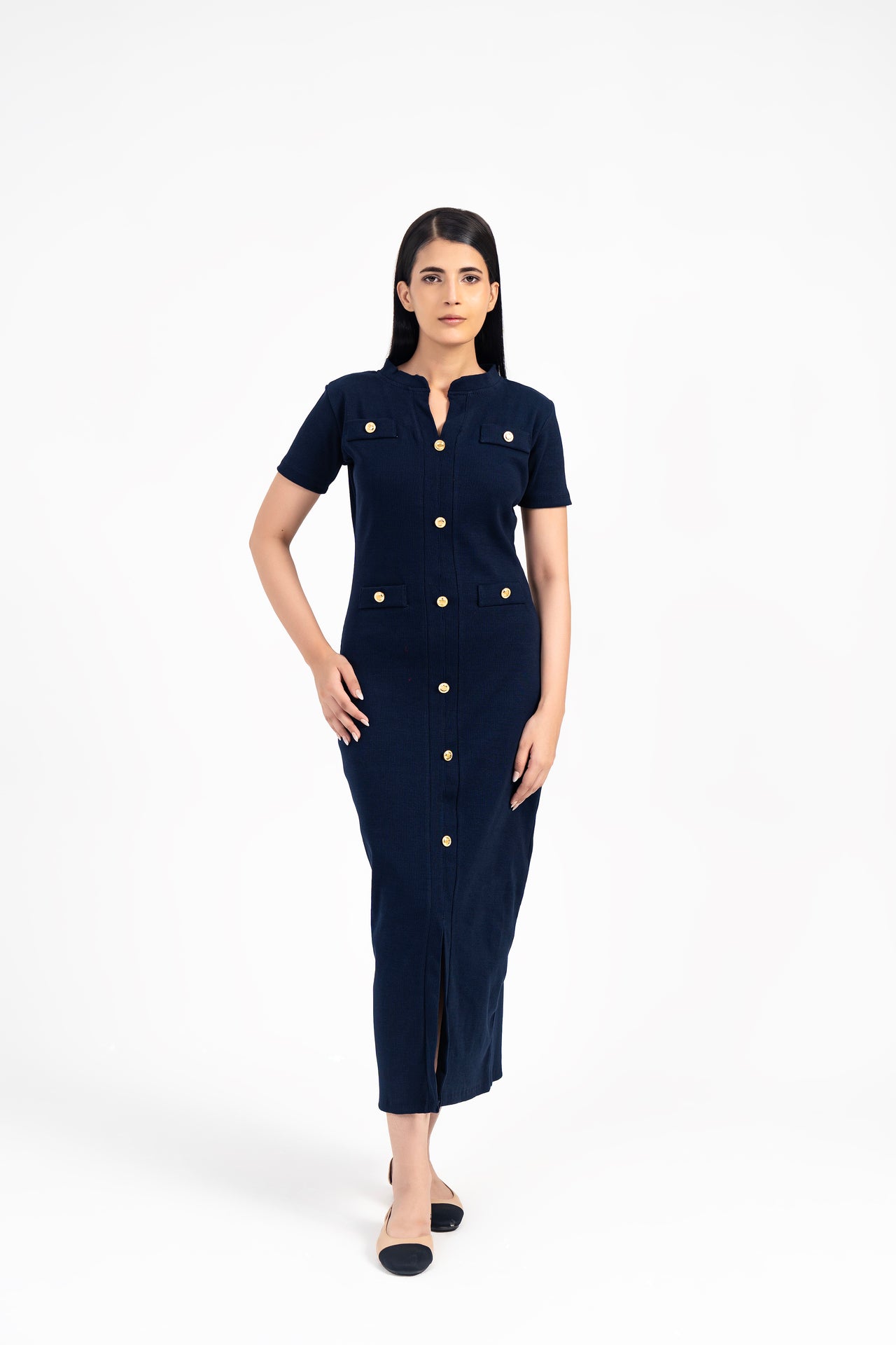 V Neck Knit Dress with Golden Button - Navy Blue