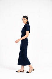 V Neck Knit Dress with Golden Button - Navy Blue
