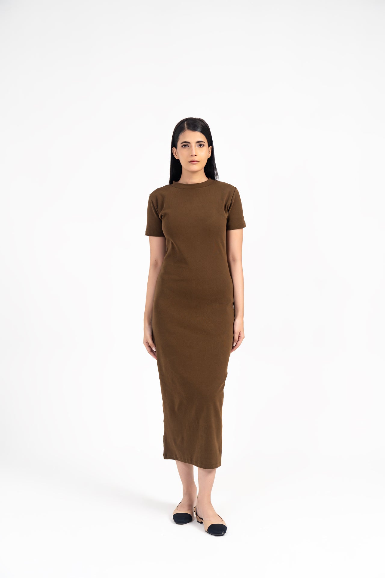 Short Sleeve Knit Dress - Chocolate Brown