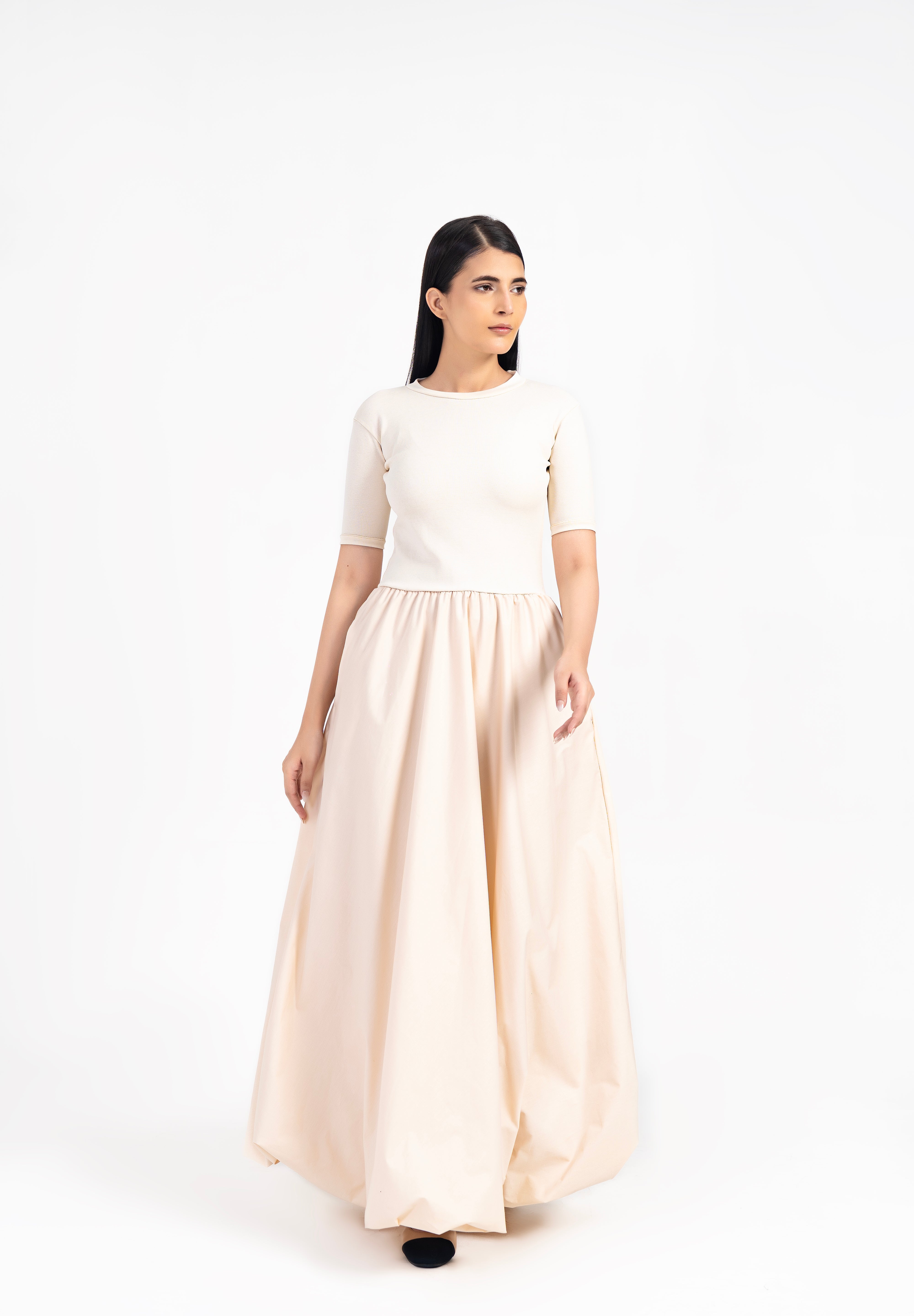 Short Sleeve Ribbed Bubble Hem Dress - Cream