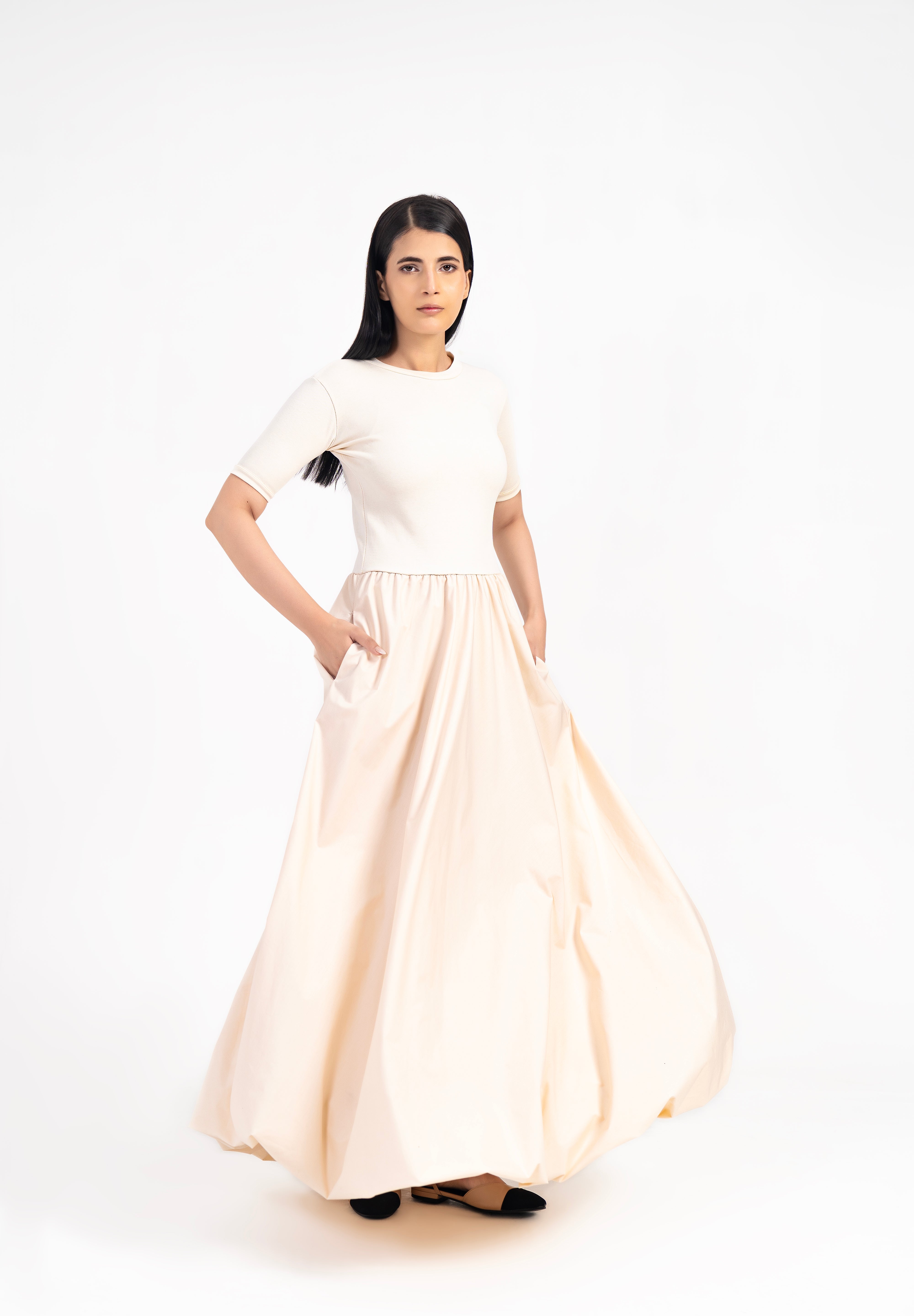 Short Sleeve Ribbed Bubble Hem Dress - Cream