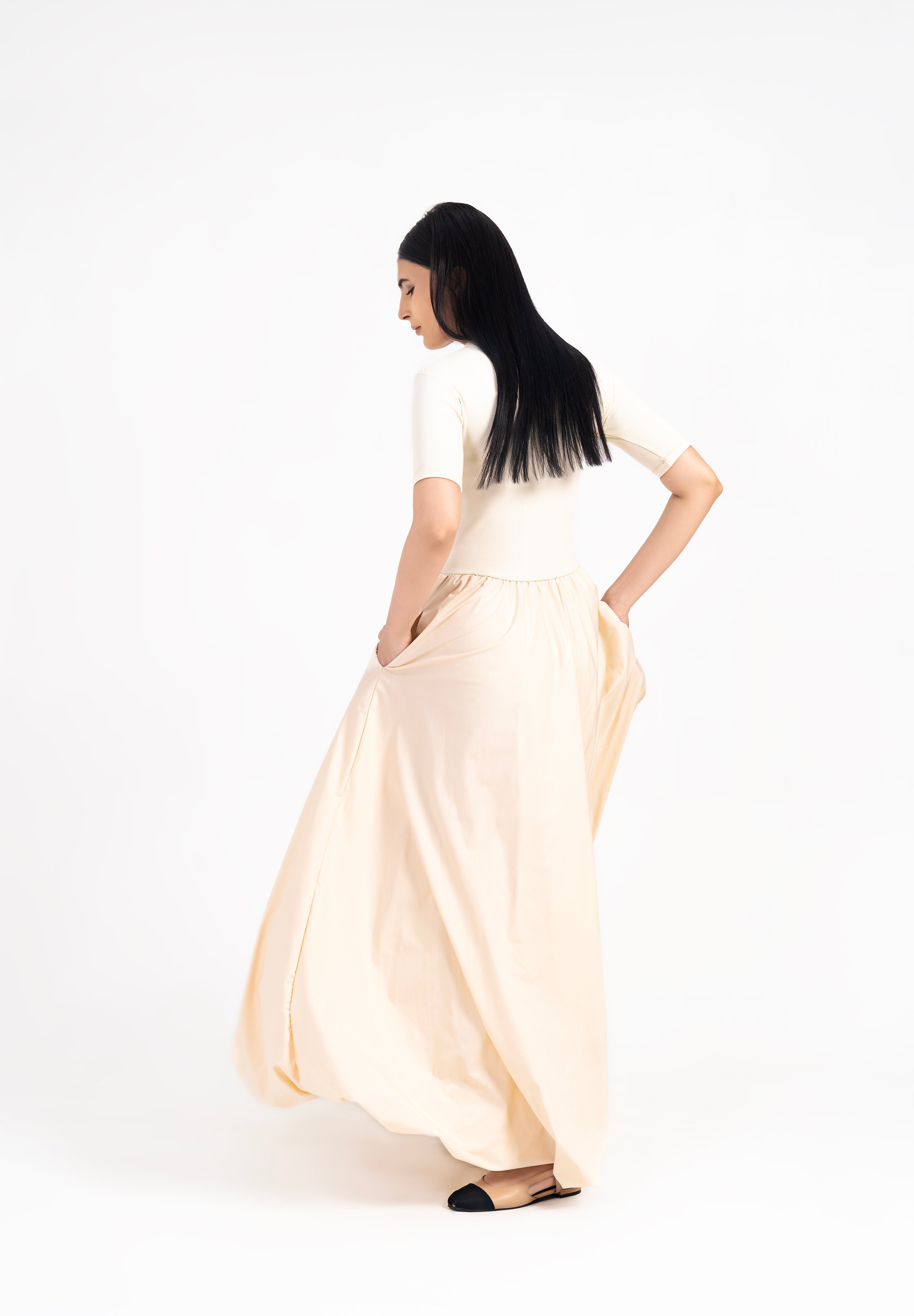 Short Sleeve Ribbed Bubble Hem Dress - Cream