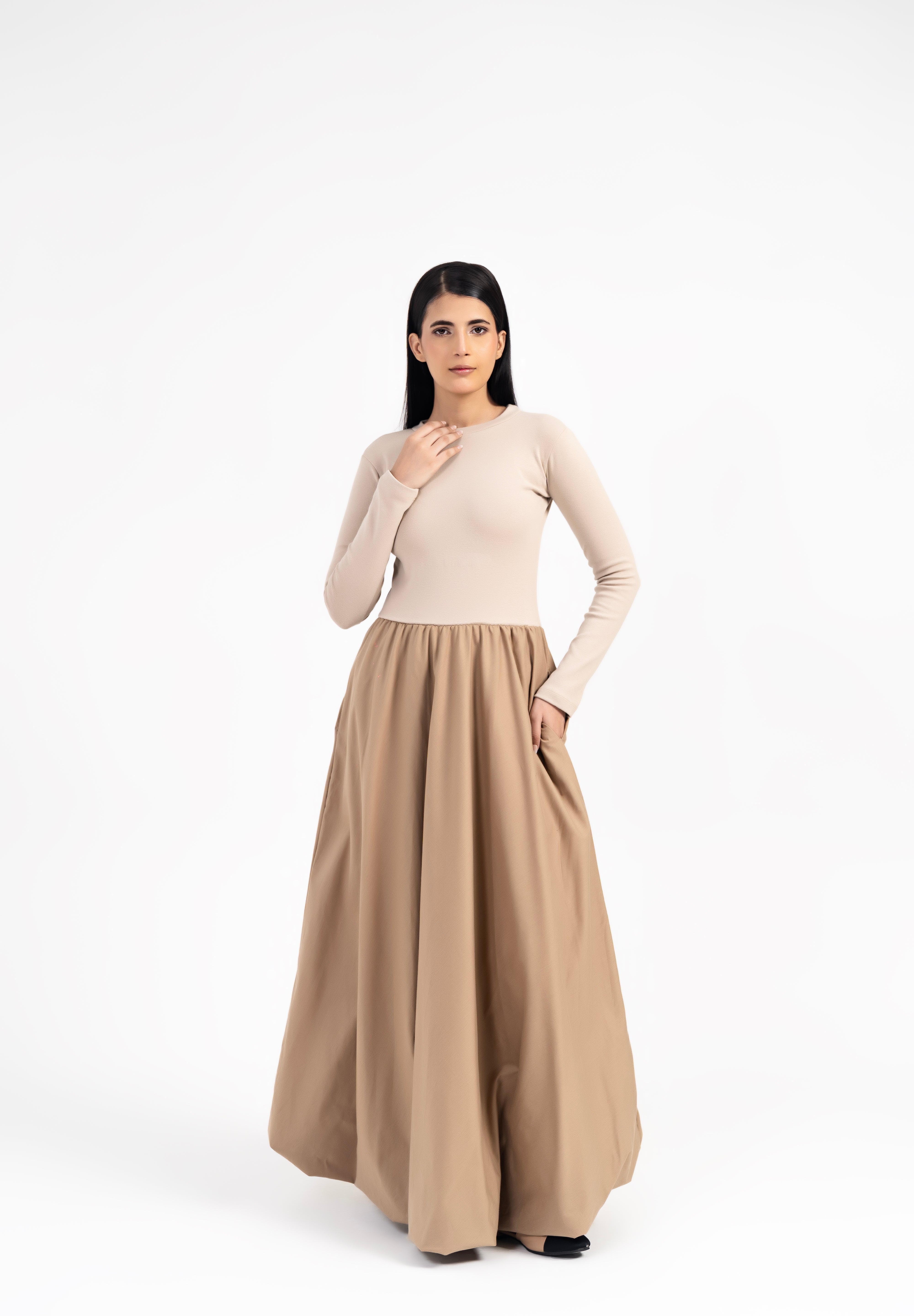 Full Sleeve Ribbed Bubble Hem Dress - Dark Beige