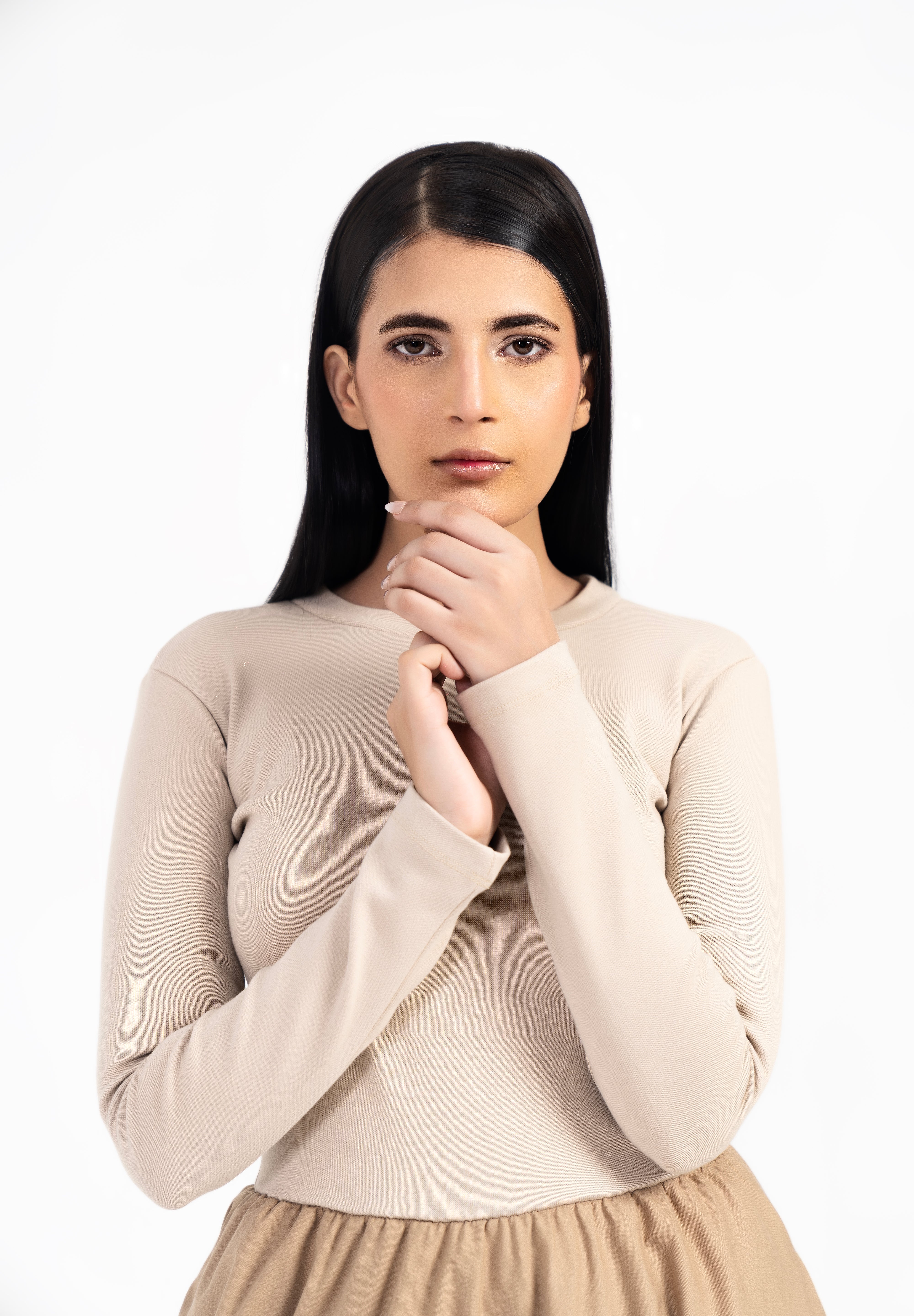 Full Sleeve Ribbed Bubble Hem Dress - Dark Beige