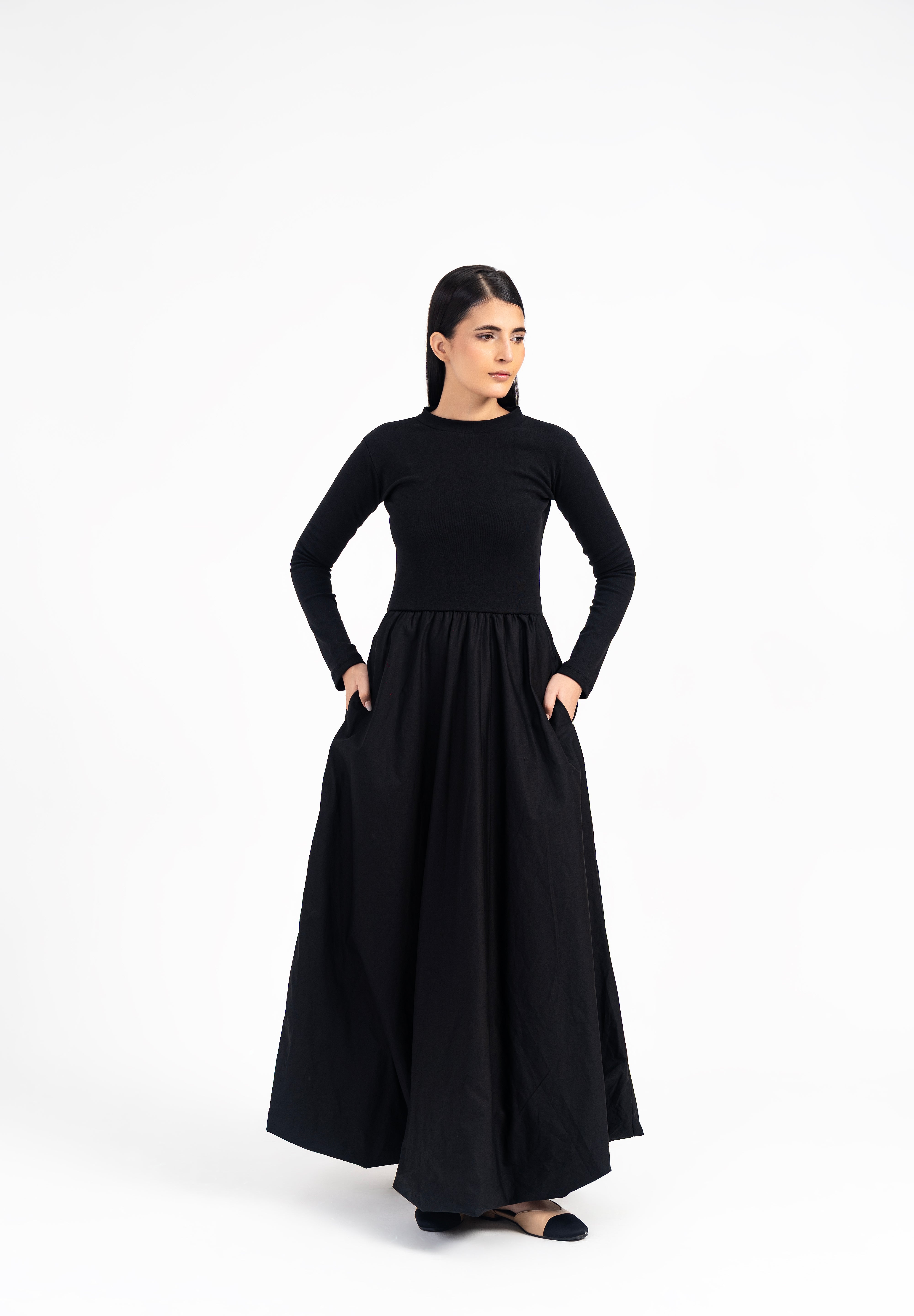 Full Sleeve Ribbed Bubble Hem Dress - Black