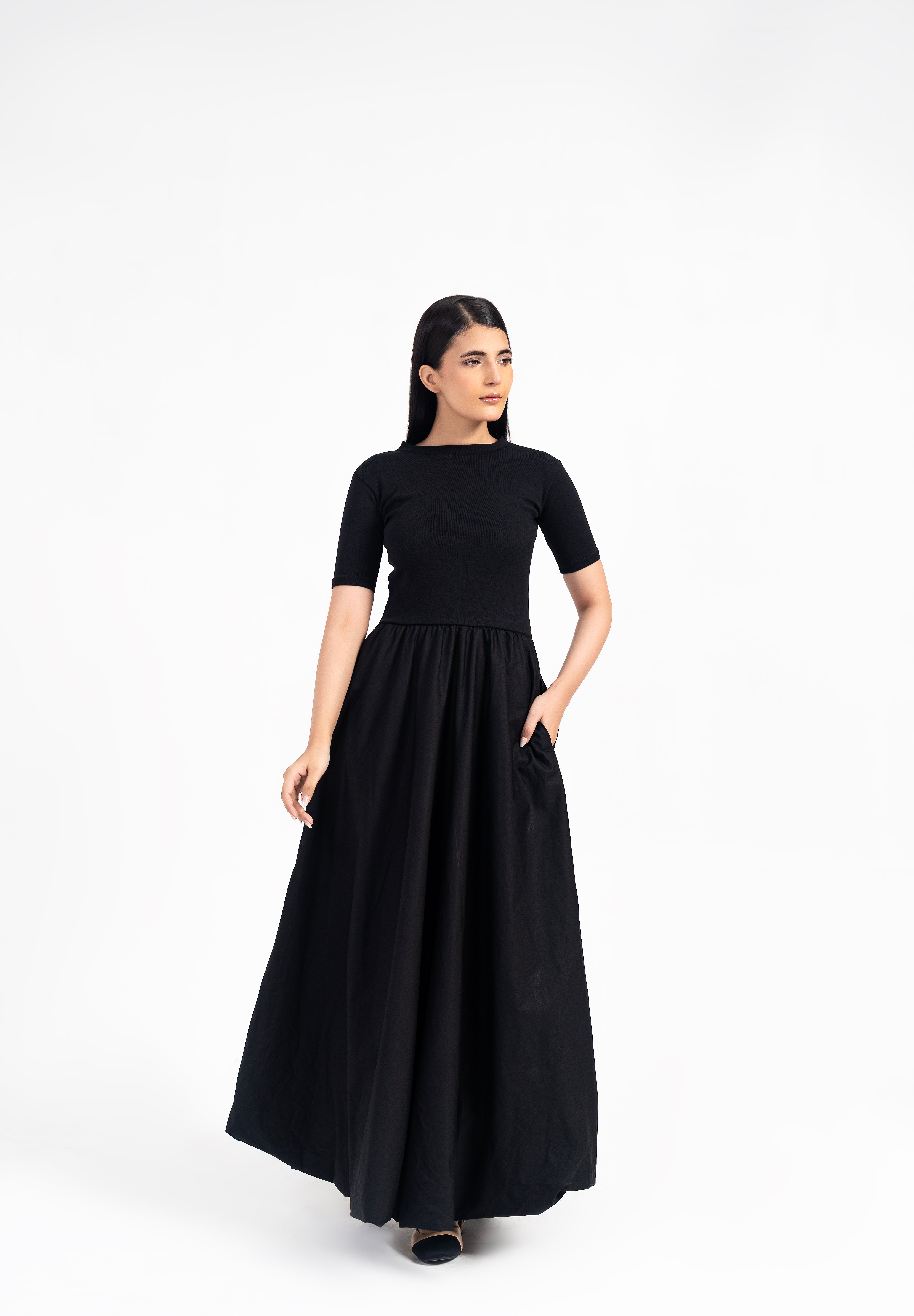 Short Sleeve Ribbed Bubble Hem Dress - Black