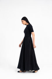 Short Sleeve Ribbed Bubble Hem Dress - Black