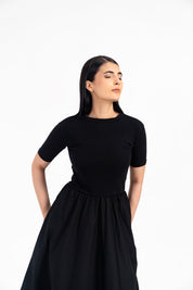 Short Sleeve Ribbed Bubble Hem Dress - Black