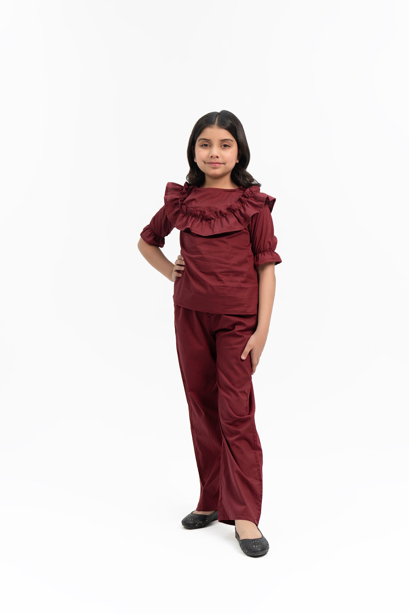 Girls Ruffle Puff Sleeve Top - Maroon