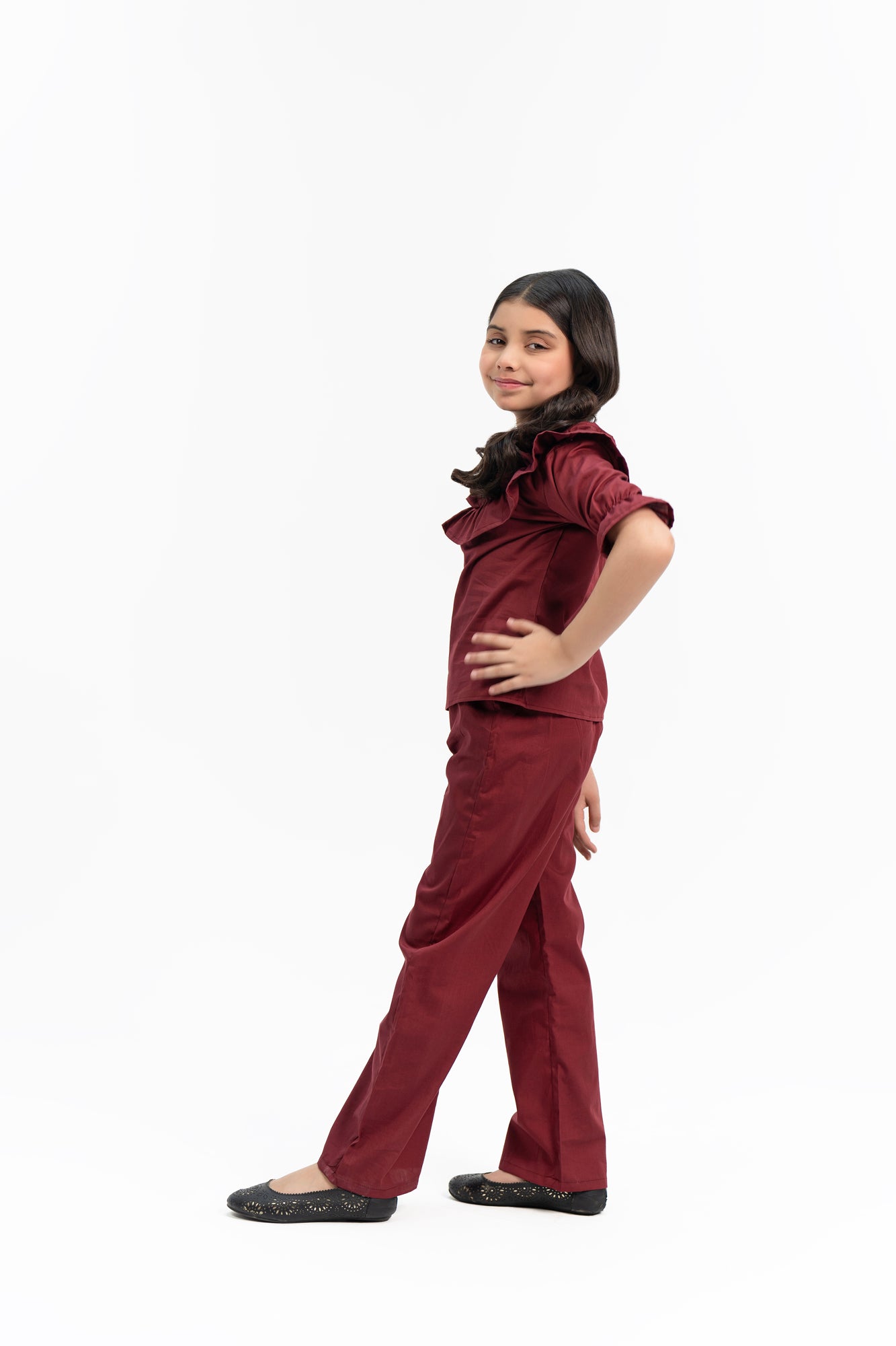 Girls Ruffle Puff Sleeve Top - Maroon