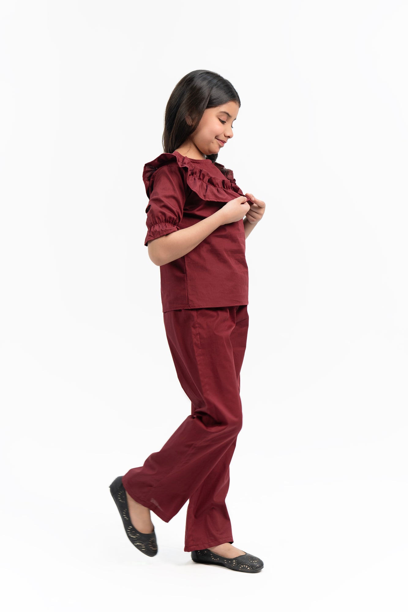 Girls Ruffle Puff Sleeve Top - Maroon