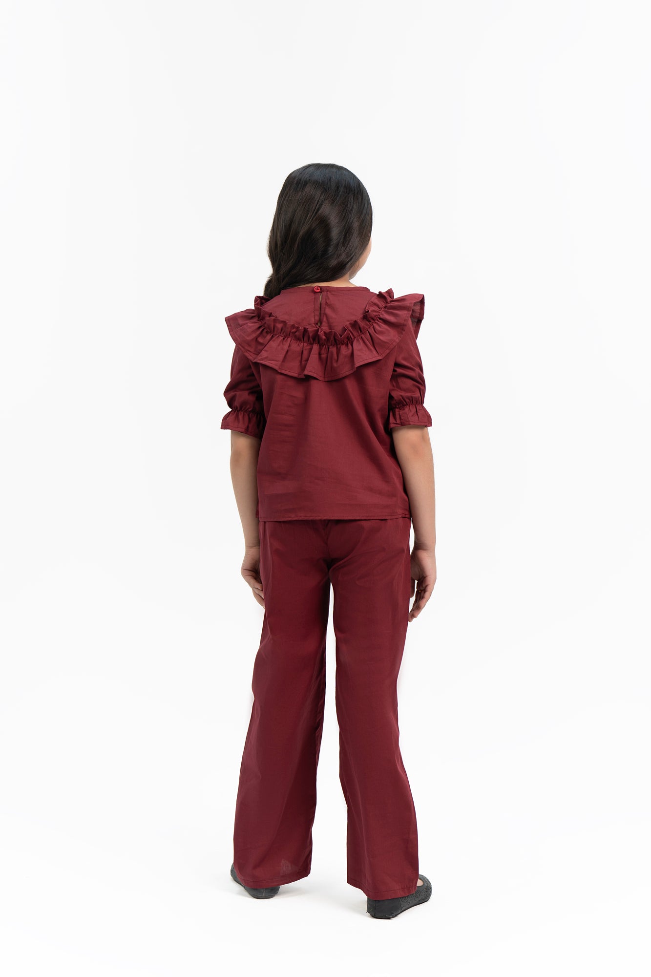Girls Ruffle Puff Sleeve Top - Maroon