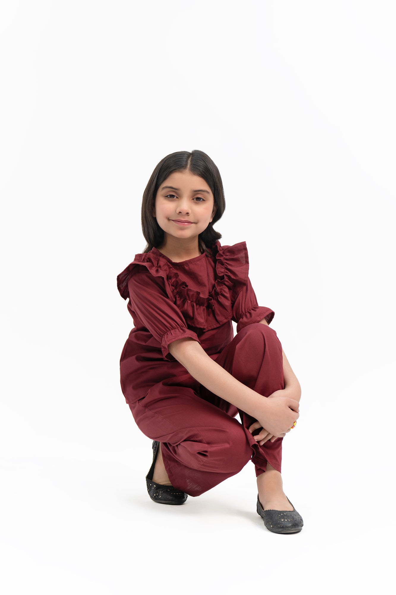 Girls Ruffle Puff Sleeve Top - Maroon