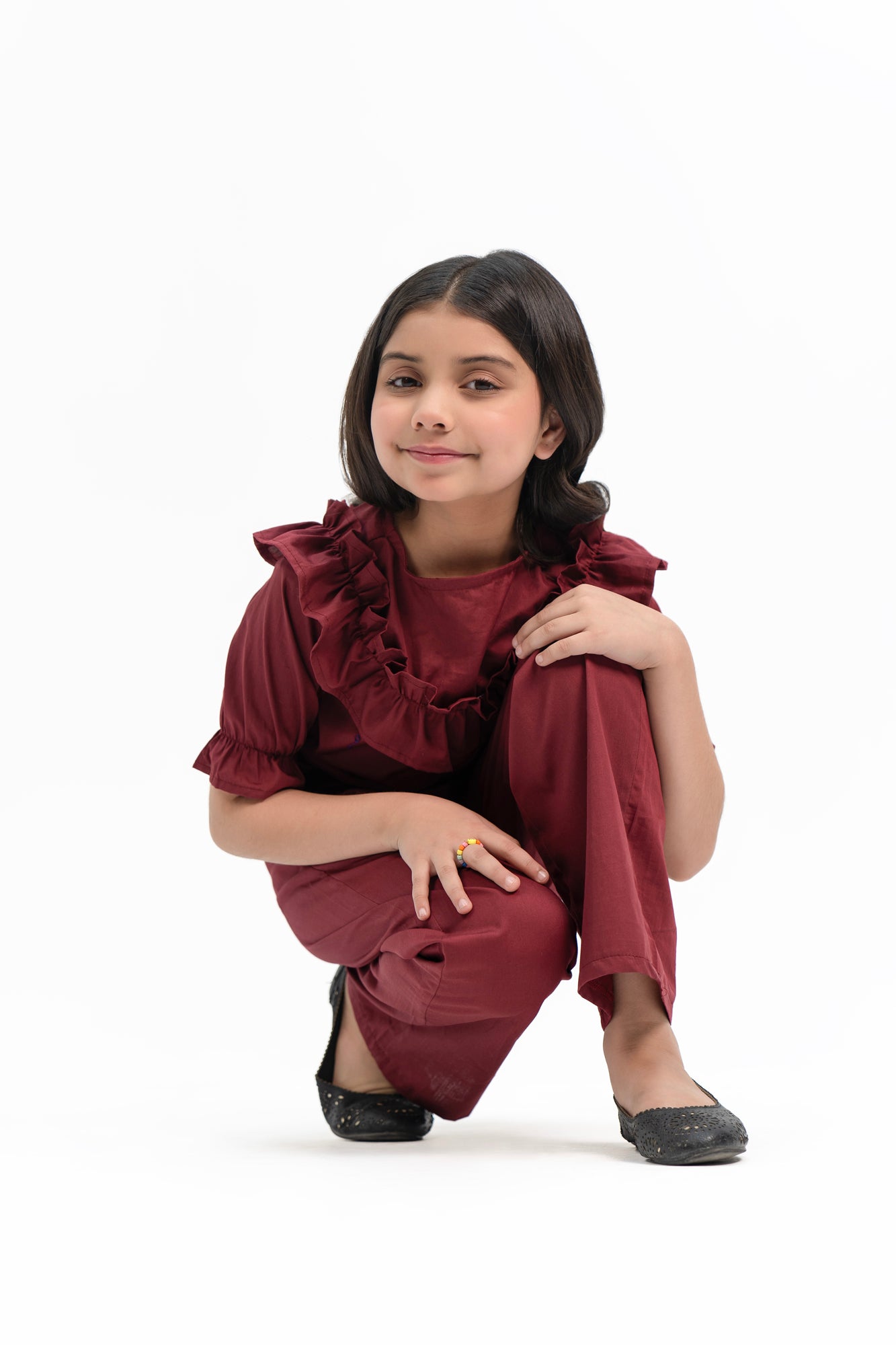 Girls Ruffle Puff Sleeve Top - Maroon