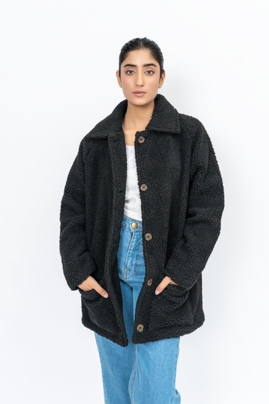 Long black sherpa coat hotsell