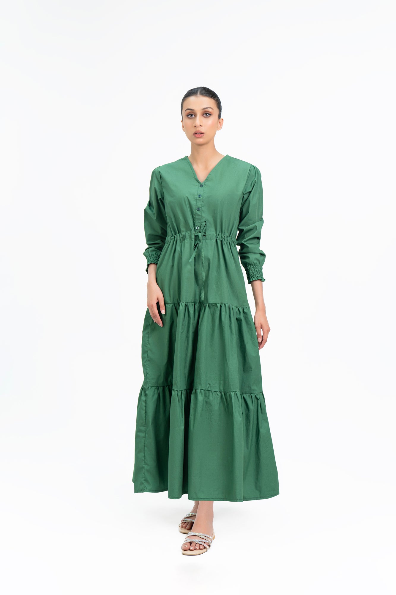 V Neck Dress With Drawcord - Bottle Green