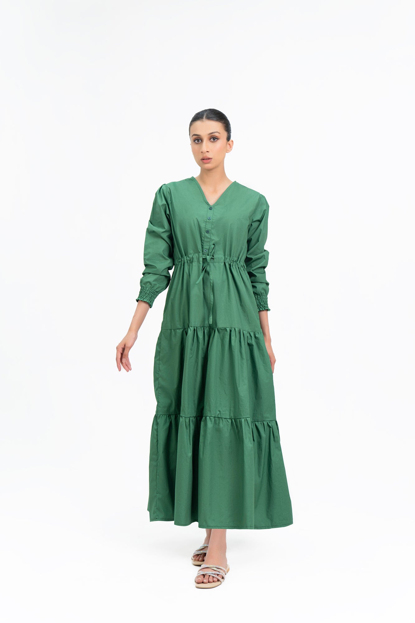 V Neck Dress With Drawcord - Bottle Green
