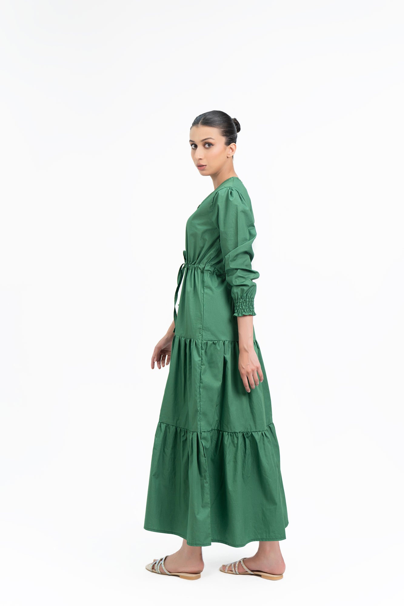 V Neck Dress With Drawcord - Bottle Green