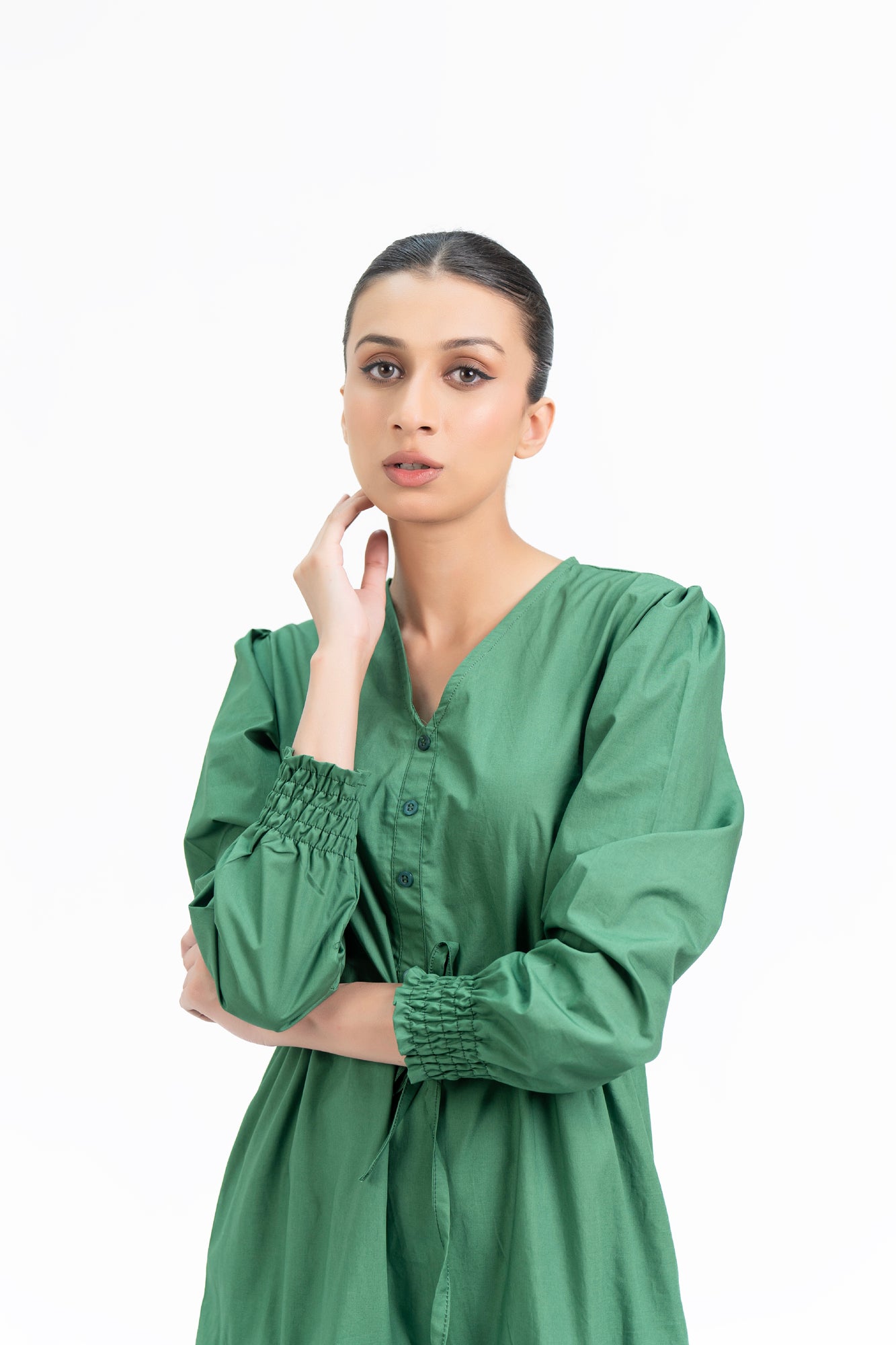 V Neck Dress With Drawcord - Bottle Green