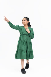 Girls V Neck Dress with Drawcord - Bottle Green