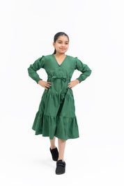 Girls V Neck Dress with Drawcord - Bottle Green
