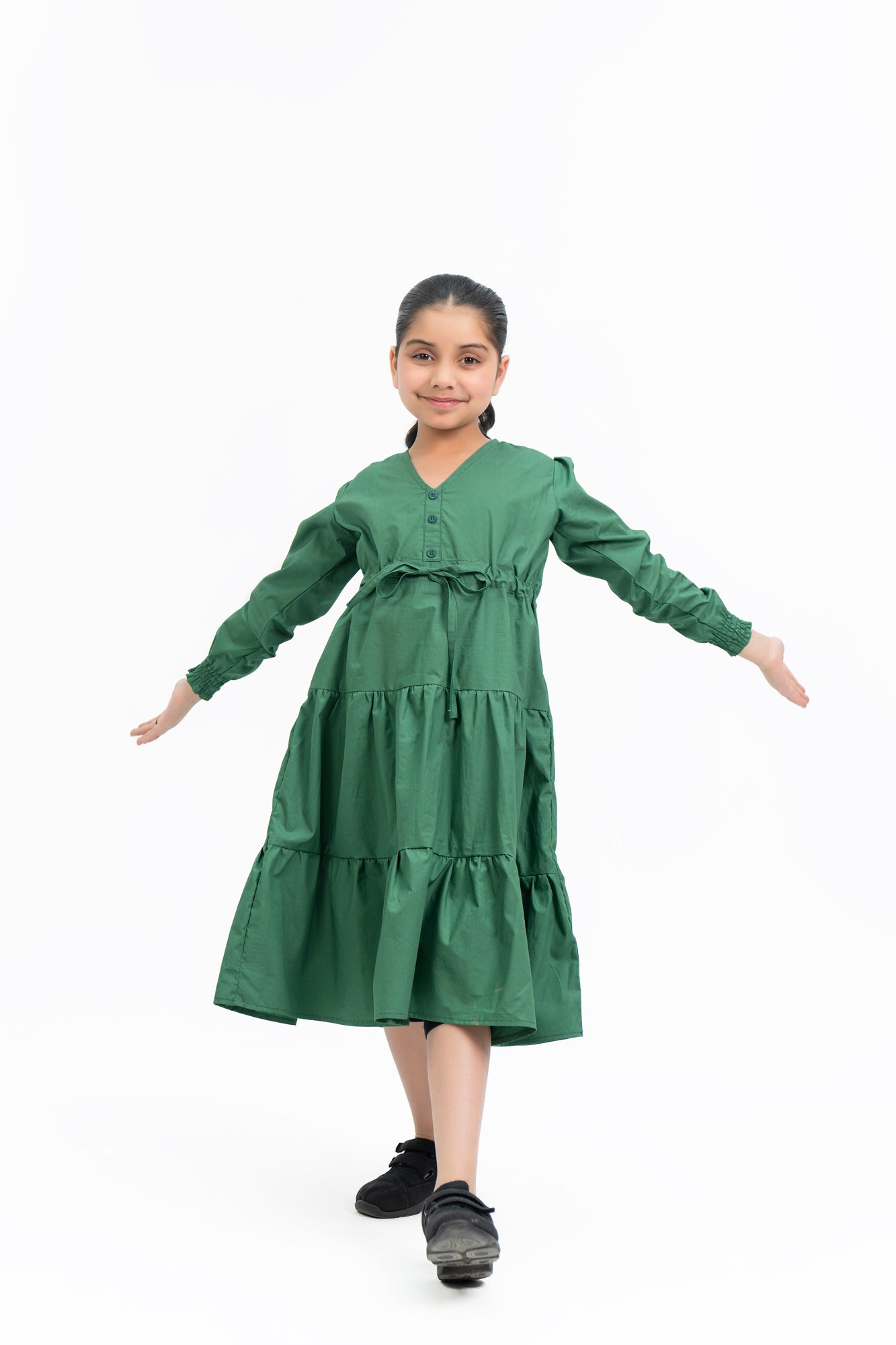 Girls V Neck Dress with Drawcord - Bottle Green