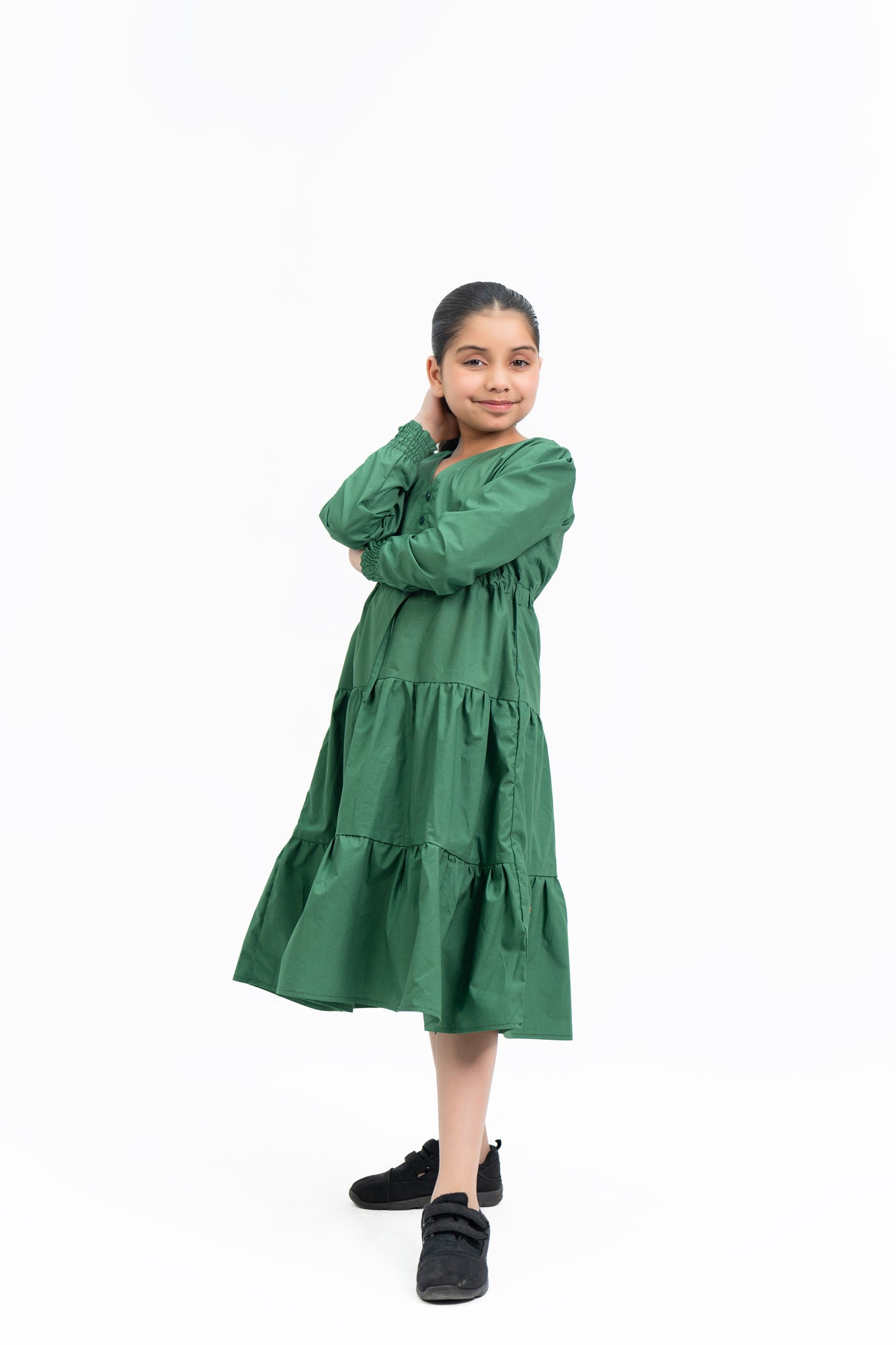 Girls V Neck Dress with Drawcord - Bottle Green