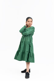 Girls V Neck Dress with Drawcord - Bottle Green