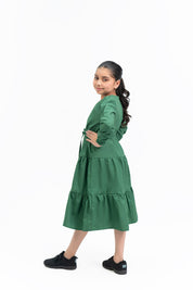 Girls V Neck Dress with Drawcord - Bottle Green