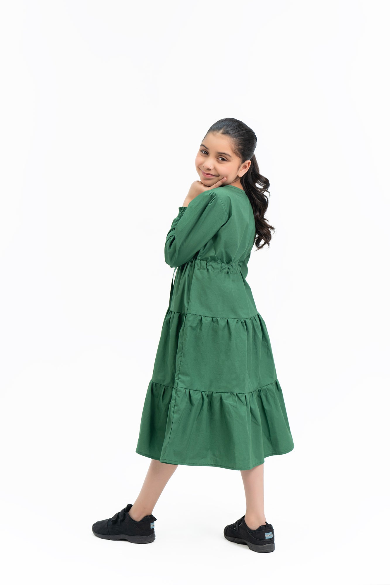 Girls V Neck Dress with Drawcord - Bottle Green