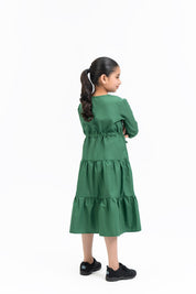 Girls V Neck Dress with Drawcord - Bottle Green