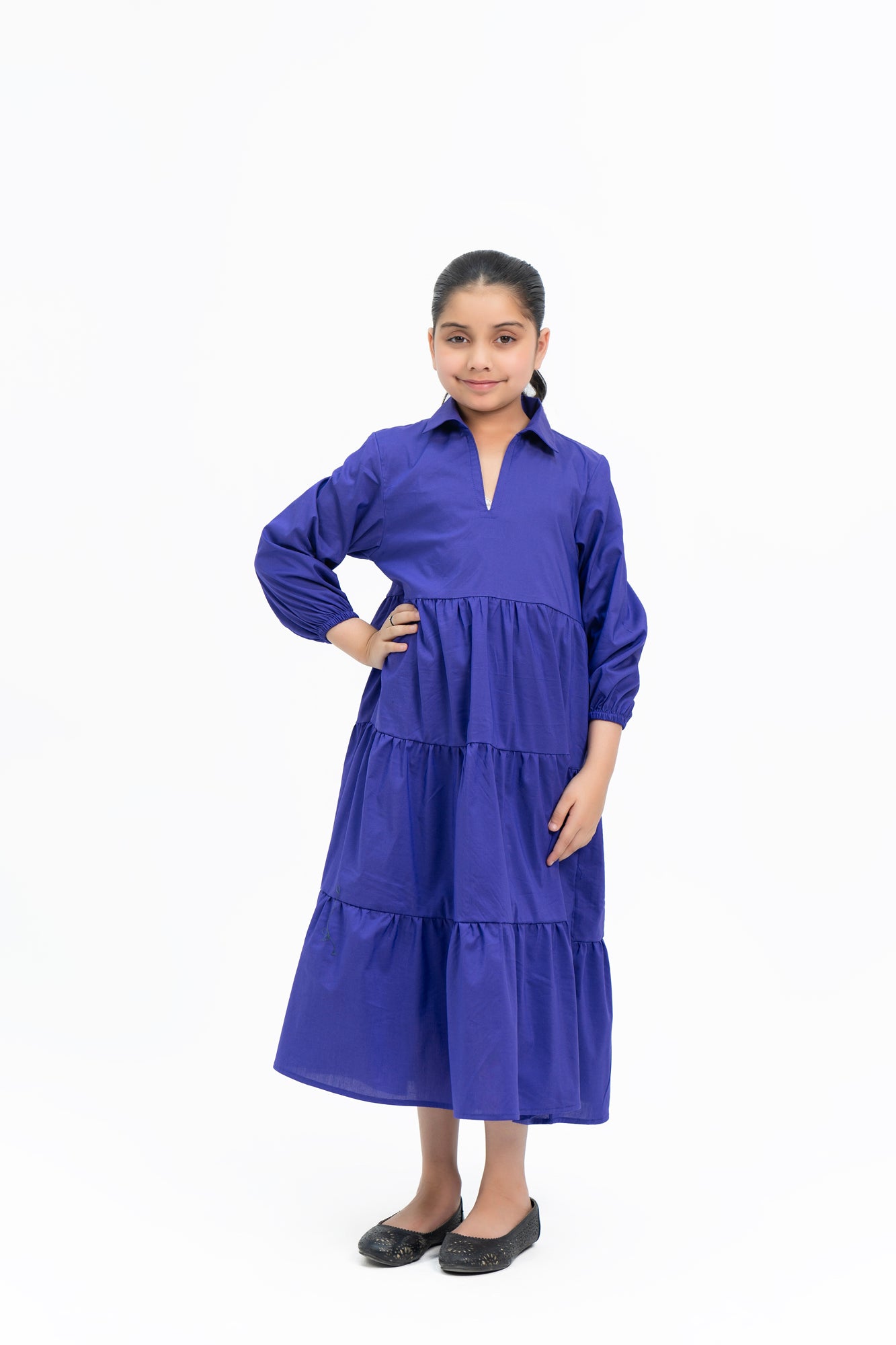 Girls V Neck Collared Dress - Purple