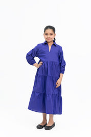 Girls V Neck Collared Dress - Purple