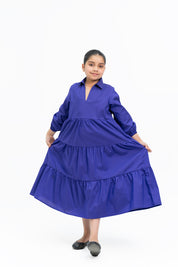 Girls V Neck Collared Dress - Purple